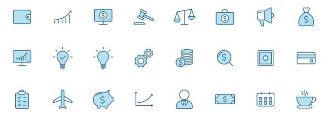 Business outline vector icons in two colors isolated on white. Business blue icon set for web design, mobile apps, ui design and print.