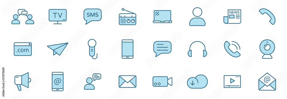 Poster communication linear vector icons in two colors isolated on white background. communication blue ico