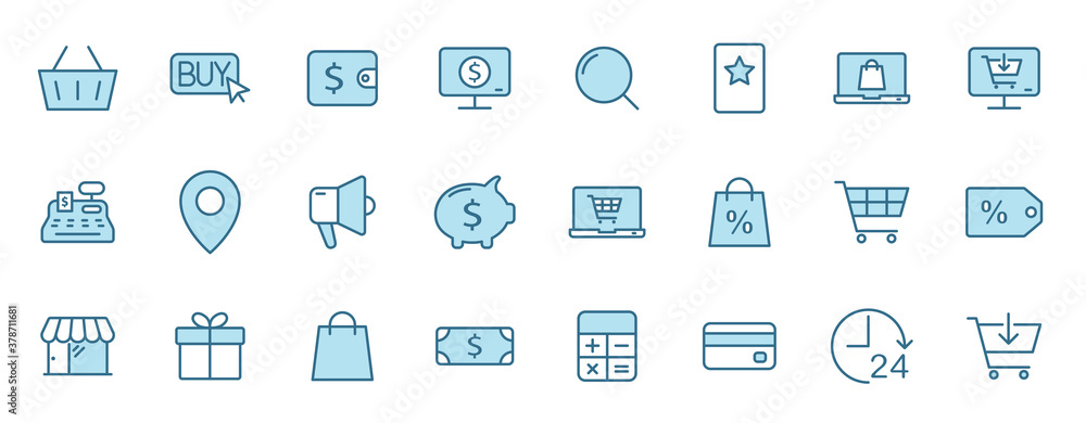 Poster e commerce outline vector icons in two colors isolated on white. e commerce blue icon set for web an