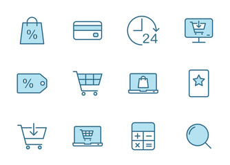 e commerce outline vector icons in two colors isolated on white. e commerce blue icon set for web and ui design, mobile apps and print products