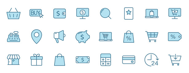 e commerce outline vector icons in two colors isolated on white. e commerce blue icon set for web and ui design, mobile apps and print products