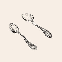 Hand Drawn Sketch A Pair of Vintage Spoons. Hand Drawing Vector Illustration.