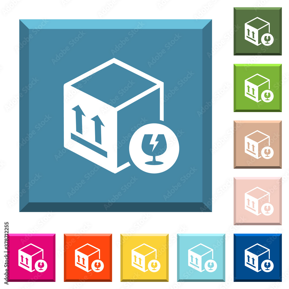 Poster fragile package white icons on edged square buttons