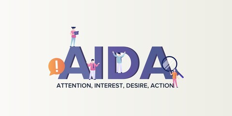Aida marketing model of consumption . Attention to client causing his interest desire to act and make purchases corporate management advertisement scheme promoting flat vector advertising.