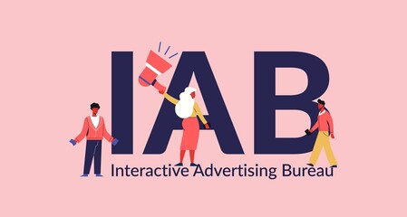 IAB interactive advertising bureau. Marketing information business and promotion of services through media social technologies inactive interaction commercial relations and vector management.