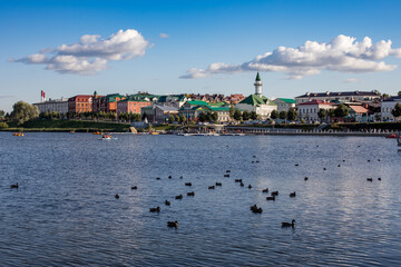Panorama of Old Tatar Sloboda in Kazan with mosques and old houses. The embankment of Lake Kaban.