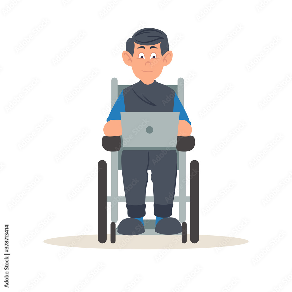 Poster vector background with persons in wheelchair. happy disabled old man sitting in wheelchair while usi