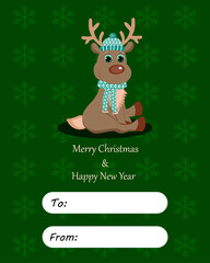 Merry Christmas and Happy New Year card with cute animal. Perfect for greeting cards, party invitations, posters, stickers, pin, scrapbooking, icons.Vector illustration.