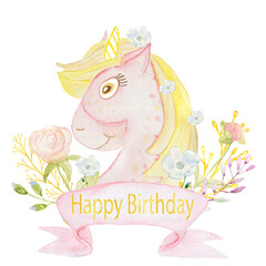 Watercolor illustration unicorn head with yellow horn and mane.  White isolated background.