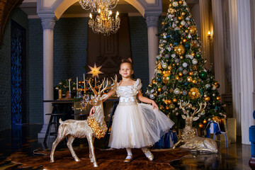 a girl in an elegant dress near the Christmas tree