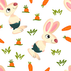 rabbit pattern on a white carrot background. Cute baby hare