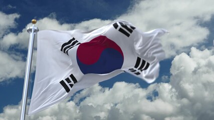 looping flag of Republic of Korea with flagpole waving in wind;timelapse rolling clouds background.A fully digital rendering.