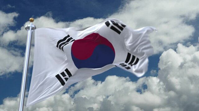 looping flag of Republic of Korea with flagpole waving in wind;timelapse rolling clouds background.A fully digital rendering.