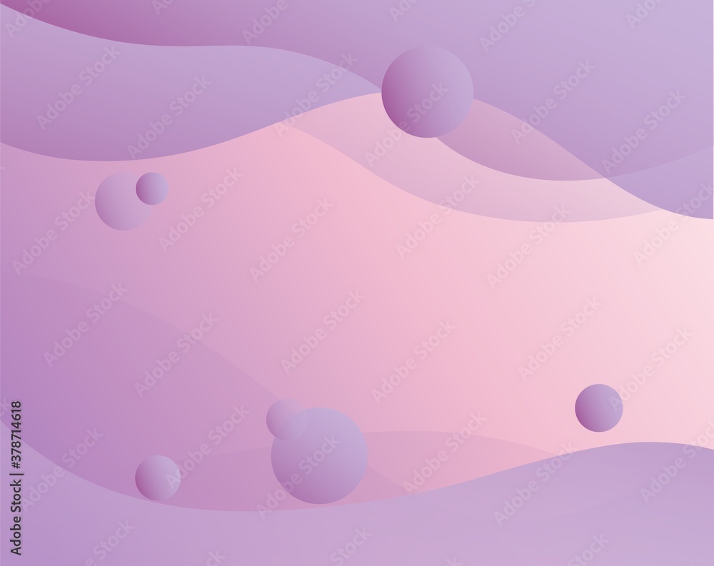 Poster pink wavy background with balls. light purple waves with glossy curves soft smooth shape with round 