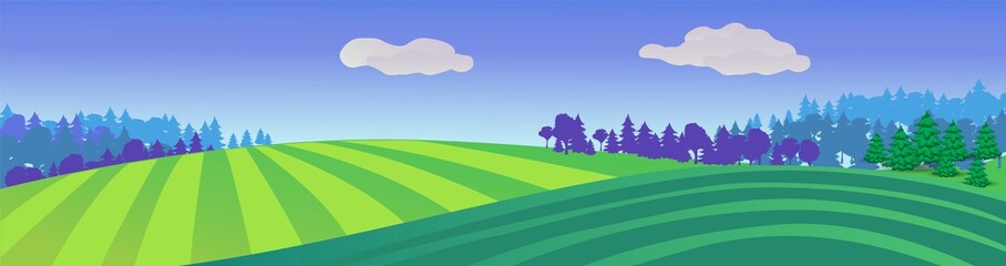 Striped green meadows. Natural summer landscape with farm fields and forest on horizon rural harvest season pure organic farming blooming land with abundant vector crop.
