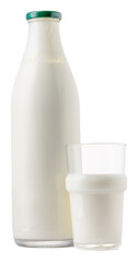 Glass bottle and cup of fresh milk isolated