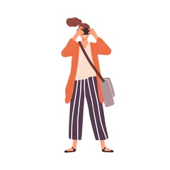 Joyful woman take photo use camera vector flat illustration. Smiling female tourist holding photography digital equipment isolated on white. Funny amateur person with bag enjoying art hobby