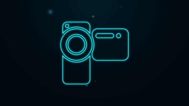 Glowing neon line Cinema camera icon isolated on black background. Video camera. Movie sign. Film projector. 4K Video motion graphic animation.