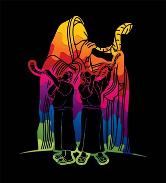 colorful jewish men blowing shofar clip art preview