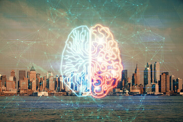 Brain hologram drawing on cityscape background multi exposure. Ai in modern city concept.