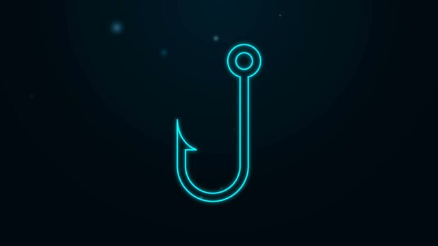 Glowing neon line Fishing hook icon isolated on black background. 4K Video motion graphic animation.