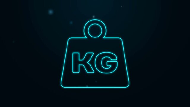 Glowing neon line Weight icon isolated on black background. Kilogram weight block for weight lifting and scale. Mass symbol. 4K Video motion graphic animation.