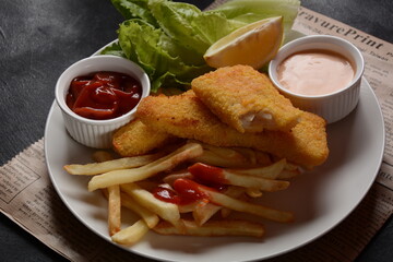 Traditional English Food - Fish and Chips. Fried fish filets and crispy French fries served with ketchup and homemade tarter sauce.
