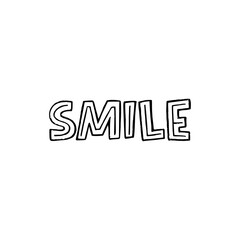 Smile unique font inscription. Typographic word about smiling with decorative strokes. Cute hand drawn lettering message calling for getting good mood. Positive text for print, merch, bag, sign, poste