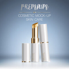 Hydrating facial lipstick for annual sale or festival sale. silver and gold lipstick mask bottle isolated on glitter particles background. Graceful cosmetic ads.