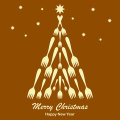 Happy New Year. Christmas tree made of Cutlery, forks. Hand-drawn vector illustration. Template design for holiday cards, invitations, posters
