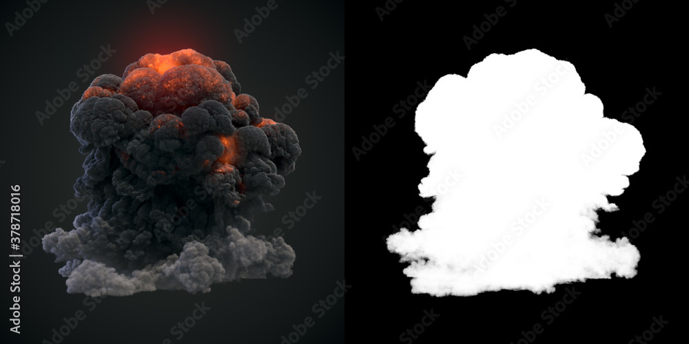 Poster big puff of dark smoke and ball of fire with alpha channel. 3d rendering