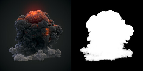 Big puff of dark smoke and ball of fire with alpha channel. 3d rendering