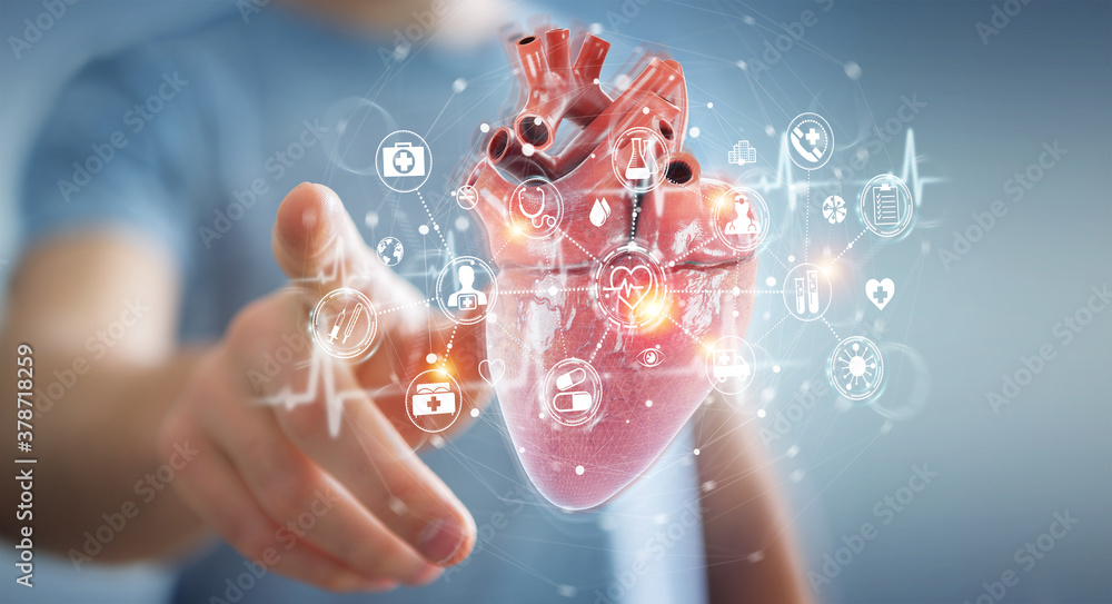 Poster Man using digital x-ray of human heart holographic scan projection 3D rendering