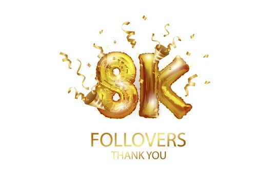 8 thousand. Thank you, followers. 3D vector illustration for blog or post design. 8K gold sign made of foil gold balls with confetti on a white background. Holiday banner in social networks.