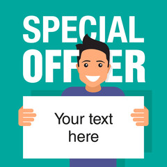 Special offer banner template - young smiling man holds blank paper with sample text - web promo poster