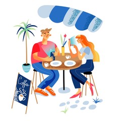 Man and woman couple using digital gadget in cafe. Wife and husband family networking via smartphone ignoring each other. Technology social media network online communication addiction. Vector.