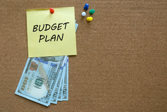 A colorful push pins,dollar notes, and memo note written with Budget Plan on a cork board.