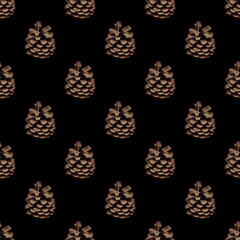 seamless pattern of forest pine cones on black background