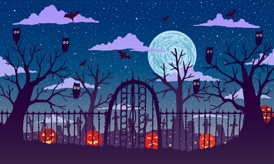 Vector illustration. Halloween. Gates with fencing among pumpkins and cemetery at night.