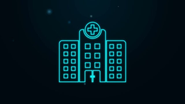 Glowing neon line Medical hospital building with cross icon isolated on black background. Medical center. Health care. 4K Video motion graphic animation.
