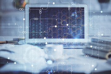 Multi exposure of desktop computer and technology theme hologram. Concept of software development.