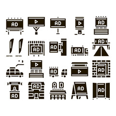 Outdoor Media Advertising Promo Icons Set Vector. Advertising Billboard And Tablet, Poster And Banner, Advertise On Car And Building Glyph Pictograms Black Illustrations