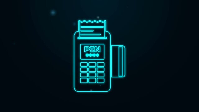 Glowing neon line POS terminal with inserted credit card and printed reciept icon isolated on black background. NFC payment concept. 4K Video motion graphic animation.