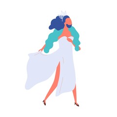 Homosexual bearded male walking in elegant evening dress vector flat illustration. Man transgender with blue hair wearing crown demonstrate freedom isolated on white. Person lgbt community member