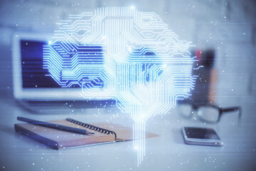 Multi exposure of work space with computer and human brain hologram. Brainstorm concept.