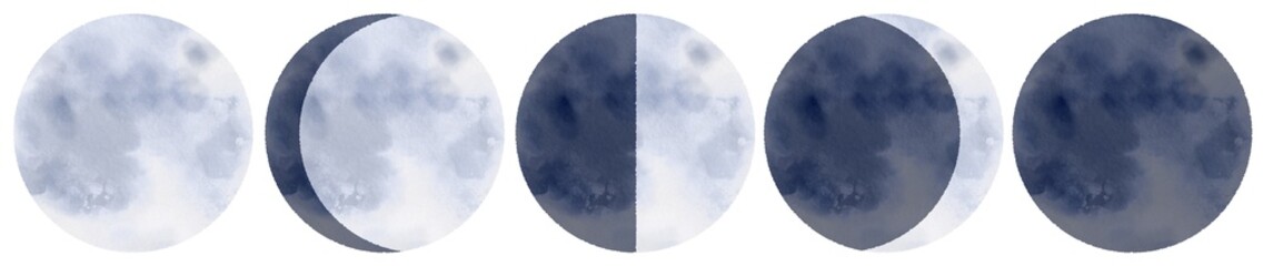 水彩の月のイラスト　満ち欠けのイメージ　月齢　新月　半月　三日月　満月