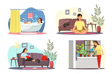 Naklejka premium Girl relaxing at home alone vector illustration set. Woman cartoon character doing yoga, taking bath, watering plants, reading book in cozy room. Stay positive, calm and safe during summer time