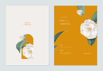 Floral wedding invitation card template design, white Semi-double Camellia flowers with leaves - 378721867