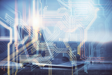 Multi exposure of table with computer and world map hologram. International data network concept.