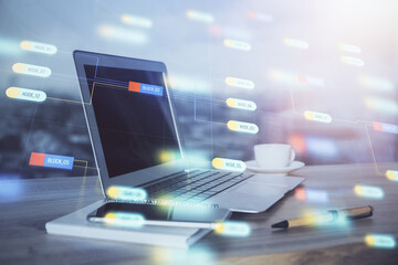 Double exposure of computer and technology theme hud. Concept of innovation.